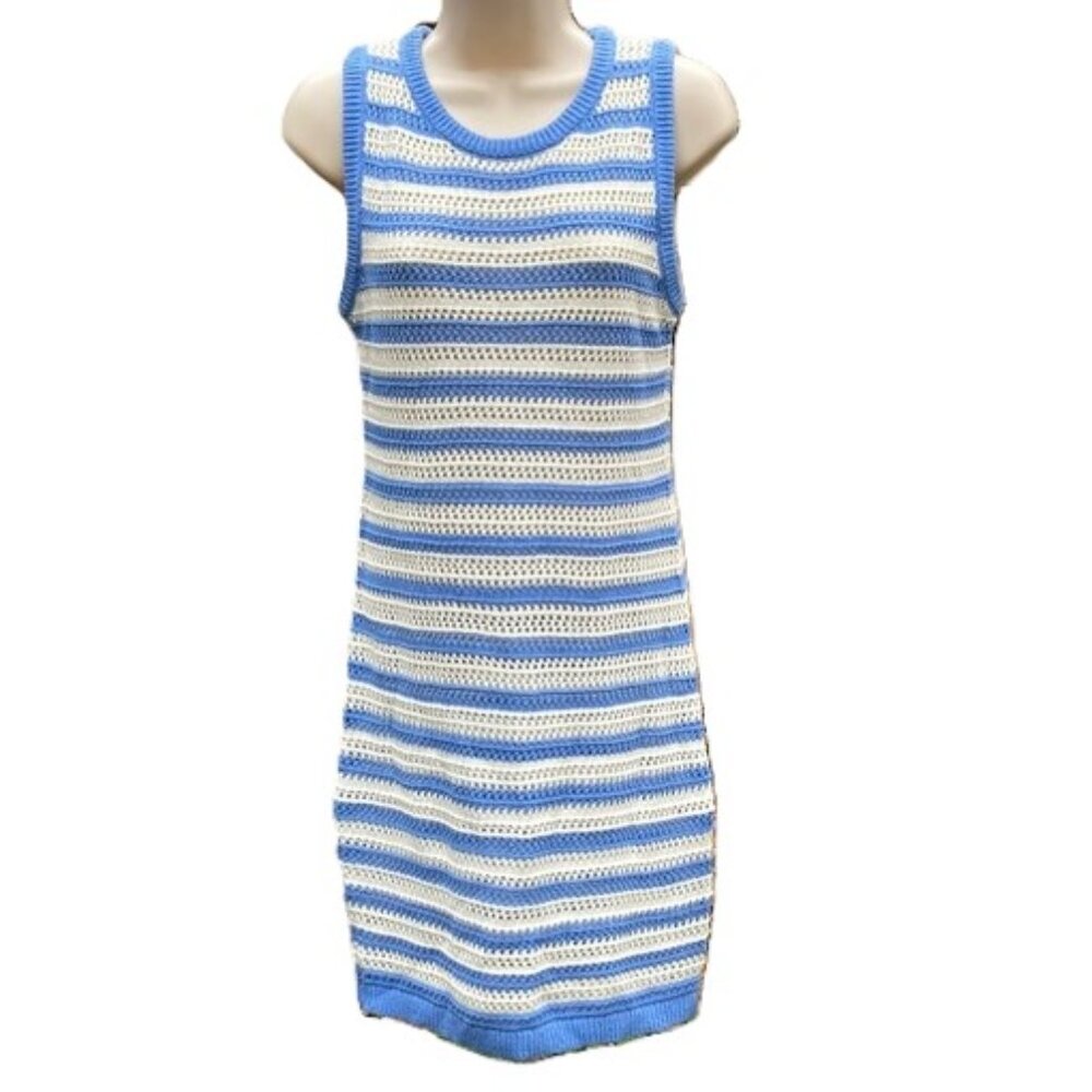 Nautical Cover-up Striped Blue and White Sleeveless Knit Mini Dress Womens Small
